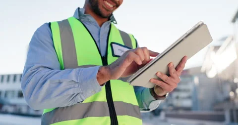 Engineering, tablet and hands with man in city for project management, digital Stock Footage 283525911