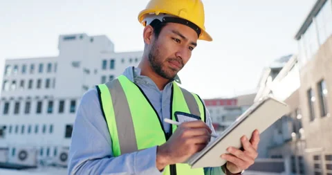 Engineering, tablet and inspection with man in city for project management Stock Footage 283525951