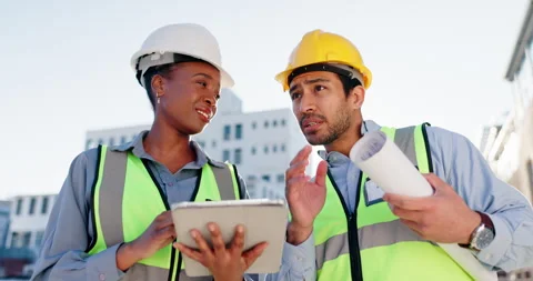 Engineering, tablet and maintenance with people in city for project management Stock Footage 306506273