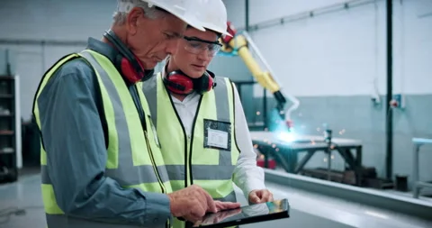 Engineering, tablet and manufacturing with people in workshop for industrial Stock Footage 331569986
