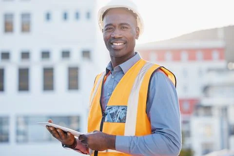 Engineering, tablet and portrait of black man in city for construction, building Fotos de archivo