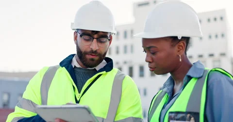 Engineering, tablet and teamwork with people in city for project management Stock Footage 305805560