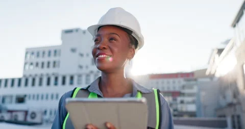 Engineering, tablet and thinking with black woman in city for project management Stock Footage 283526176