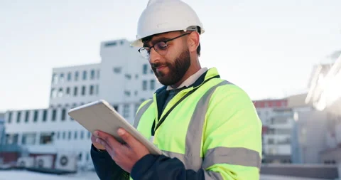 Engineering, tablet and thinking with man in city for project management Stock Footage 283713482
