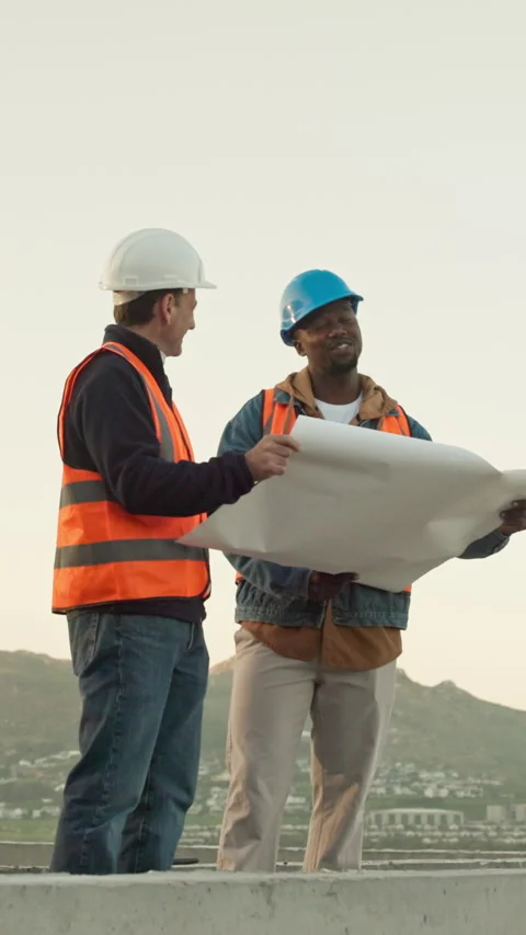 Engineering, talk and people with blueprint on rooftop for architecture, project Stock Footage 340879788