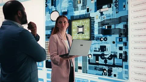 Engineering team analyzing semiconductor fabrication with laptop Stock Photos