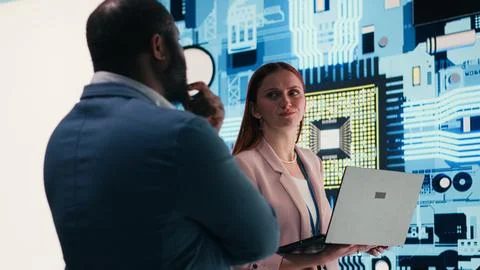 Engineering team analyzing semiconductor fabrication with laptop Stock Photos