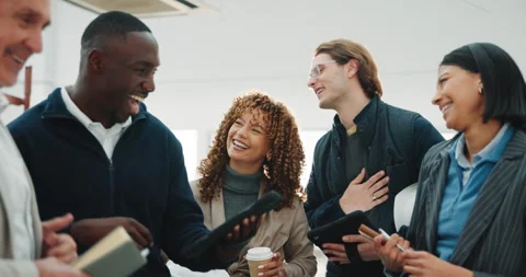 Engineering, team and laugh in building with meeting, tablet and funny AI meme Stock Footage 341460991