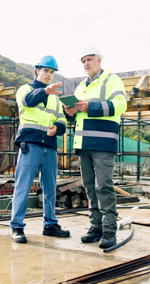 Engineering, team and meeting on construction site with tablet, property Stock Footage 340874888