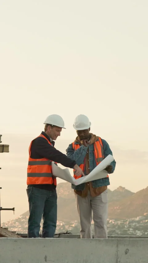 Engineering, team and people with blueprint on rooftop for architecture, project Stock Footage 340965851