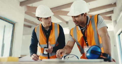 Engineering, team and talk with blueprint for home renovation, advice and Stock Footage 344941676