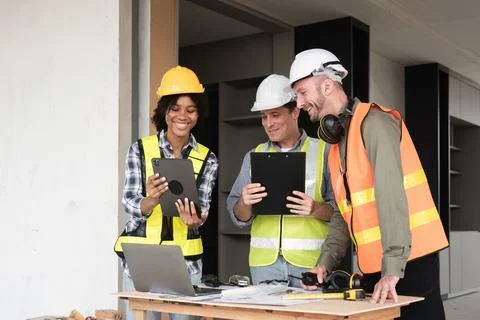 Engineering Team Collaborates on Work Plan with Digital Tablet and Laptops in Stock Photos