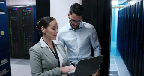 Engineering team, computer and server room for cloud computing, programming or Stock Footage 262215509