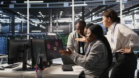Engineering team in data center panicking after receiving critical error popup Stock Photos