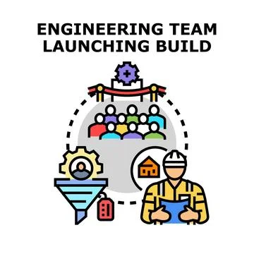 Engineering team developing and launching new project build Stock Illustration