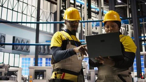 Engineering team doing brainstorming in smart factory, analyzing IoT sensor data Stock Photos