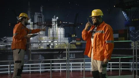 Engineering team on drilling barge doing radio coordination during embargo Stock Photos