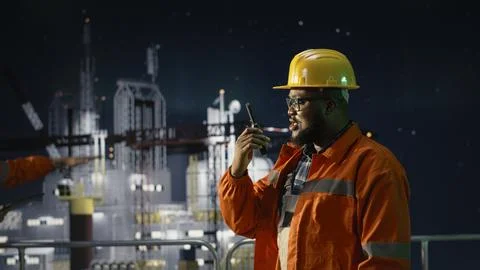 Engineering team on drilling barge doing radio coordination during embargo Stock Photos