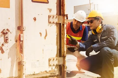 Engineering team inspects usage and damage. Container Outdoor work Stock Photos