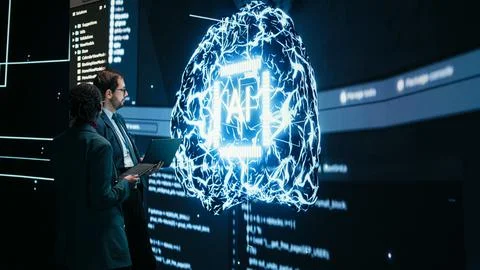 Engineering team looks at AI machine learning self writing code on screen 스톡 사진