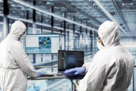Engineering team in microchip factory using AI neural network on laptop Stock Photos
