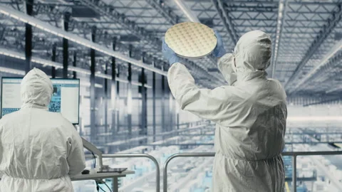 Engineering team in microchip research facility review semiconductor substrates Stock Footage 333378318