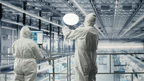 Engineering team in microchip research facility review semiconductor substrates Stock Footage 333382366