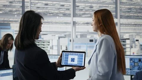 Engineering team modeling integrated circuit systems with tablet in RD office Stock Photos