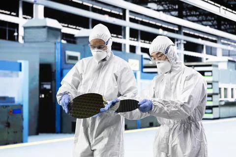 Engineering team processing silicon wafers in automated manufacturing plant Foto stock