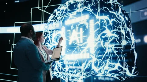 Engineering team reporting to AI brain automated manager, solving tasks together Stock Footage 330031671