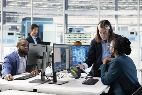 Engineering team researches integrated circuits silicon wafer materials using AI Stock Photos