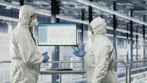 Engineering team reviewing semiconductors smart factory schematics Stock Footage 333387826