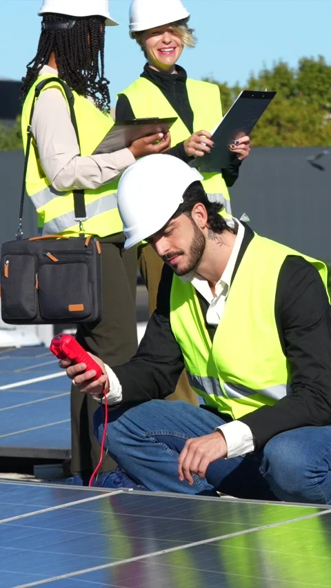 Engineering team testing solar panel efficiency Stock Footage 319982069
