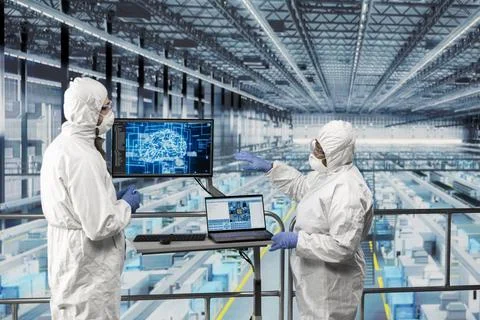 Engineering team using AI deep learning in modern semiconductors factory 스톡 사진