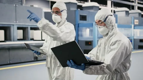 Engineering team working together in semiconductor production plant floor Stock Footage 333395528
