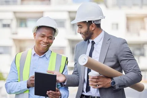 Engineering, teamwork and men with tablet at construction site for development Stock Photos
