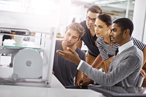 Engineering, teamwork and working with 3D printer in office for project Stock Photos
