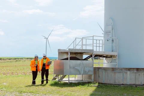 Engineering teamwork outdoor, Wind farm survey, Power generator renewable t.. Stock Photos