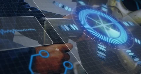 Engineering tech hands hovering and tapping engine, holo HUD animating waveform Video stock 334184606