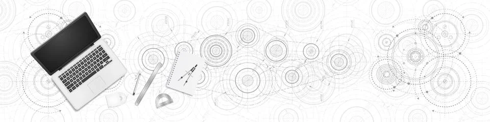 Engineering technical banner .Technical drawing background.Laptop and technol Stock Illustration