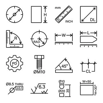 Engineering technical drawing symbols and icons set for measurement, dimens.. 스톡 일러스트