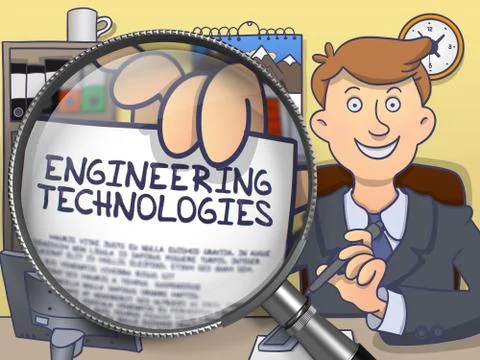 Engineering Technologies through Magnifier. Doodle Style Stock Illustration