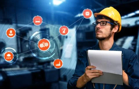 Engineering technology and industry 4.0 smart factory concept Stock Photos