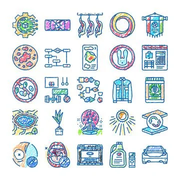 Engineering technology research and manufacturing process icons Stockillustratie