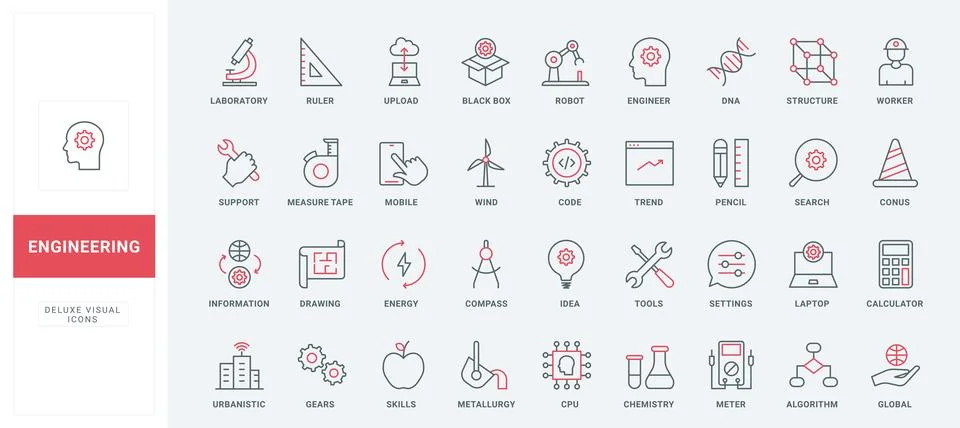 Engineering thin black and red line icons set, engineers tools, algorithms and 스톡 일러스트