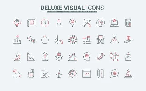 Engineering thin black and red line icons set, engineers tools and data system Stock Illustration