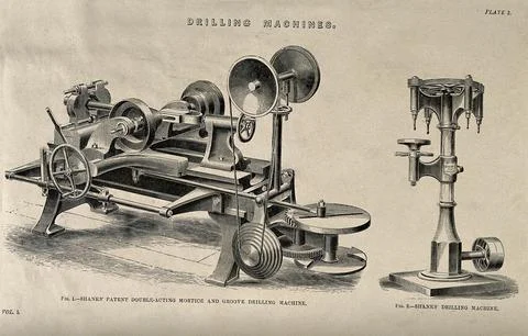 Engineering: three-quarter views of two drilling machines, one with multipl.. Illustrazione stock