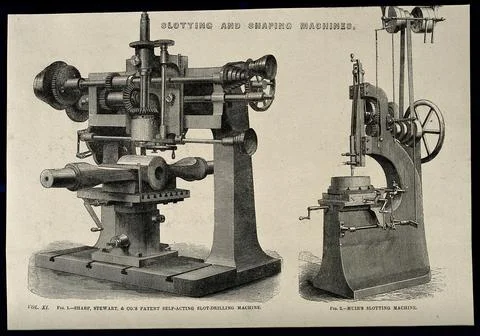 Engineering: three-quarter views of two milling machines. Engraving, c.1861. Illustrazione stock