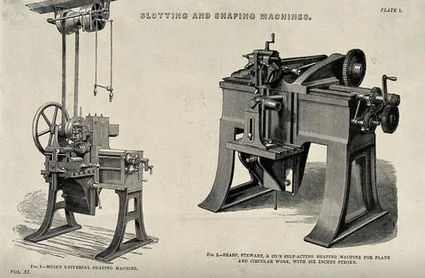 Engineering: three-quarter views of two milling machines. Engraving, c.1861. Illustrazione stock