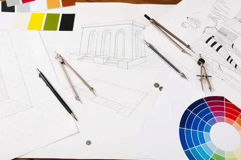 Engineering tools and color palette on a white desk Stock-Fotos